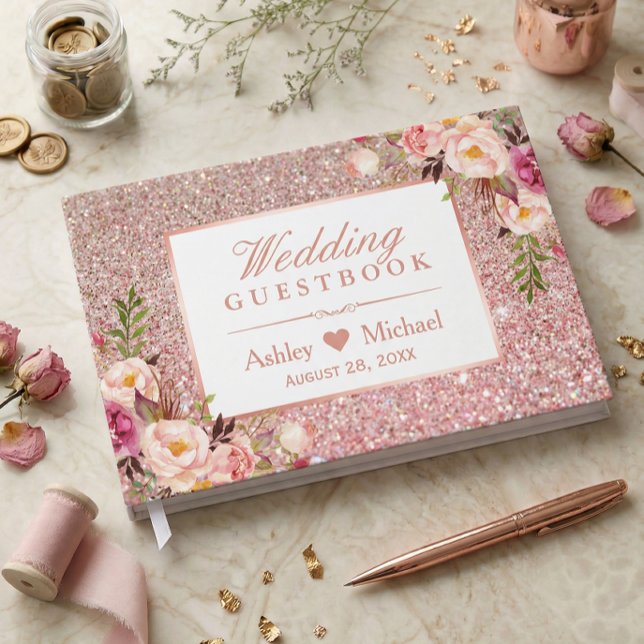 Rose Gold Glitter Blush Pink Floral Wedding Guest Book (Creator Uploaded)