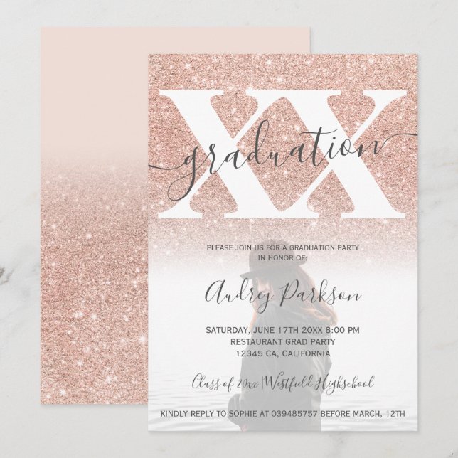 Rose gold glitter blush pink graduation photo invitation (Front/Back)