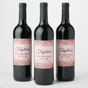 Rose Gold Glitter Blush Pink Marble 21st Birthday Wine Label