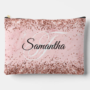 Rose Gold Glitter Blush Pink Marble Fancy Monogram Accessory Pouch