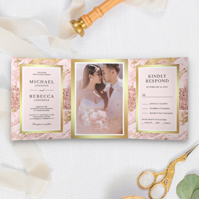 Rose Gold Glitter Blush Pink Marble Photo Wedding  Tri-Fold Invitation (Creator Uploaded)