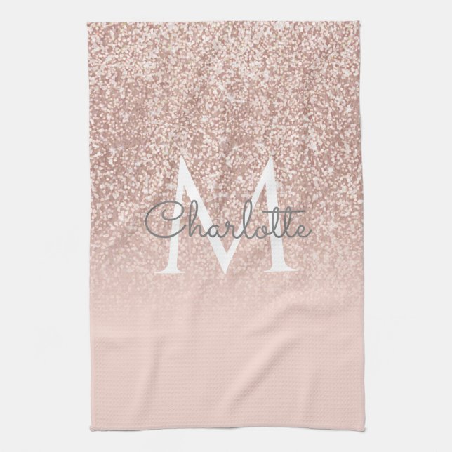 Rose Gold Glitter Blush Pink Monogram Girly Tea Towel (Vertical)