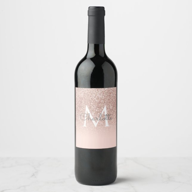 Rose Gold Glitter Blush Pink Monogram Wine Label (Front)