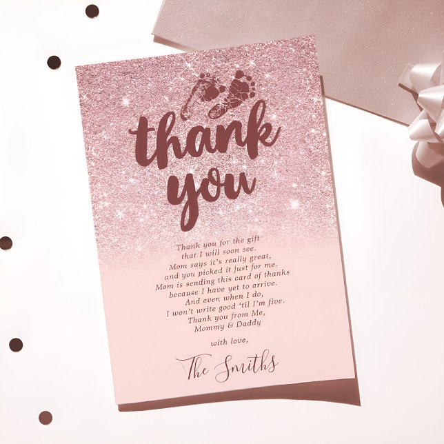 Rose Gold Glitter Blush Pink Ombre Baby Shower Thank You Card (Creator Uploaded)