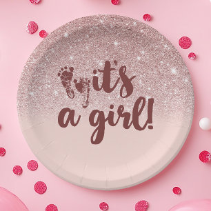Rose Gold Glitter Blush Pink Ombre Its A Girl Baby Paper Plate