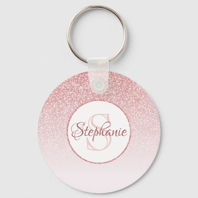 Rose Gold Glitter Blush Pink Ombre Monogram Key Ring (Front)