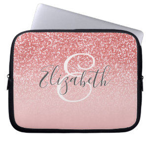 Rose Gold Glitter Blush Pink Ombre Monogram Name Laptop Sleeve