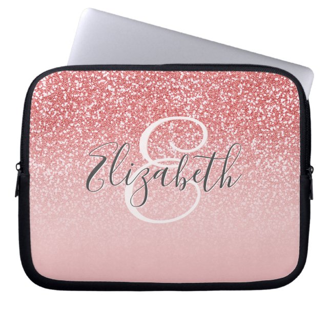 Rose Gold Glitter Blush Pink Ombre Monogram Name Laptop Sleeve (Front)