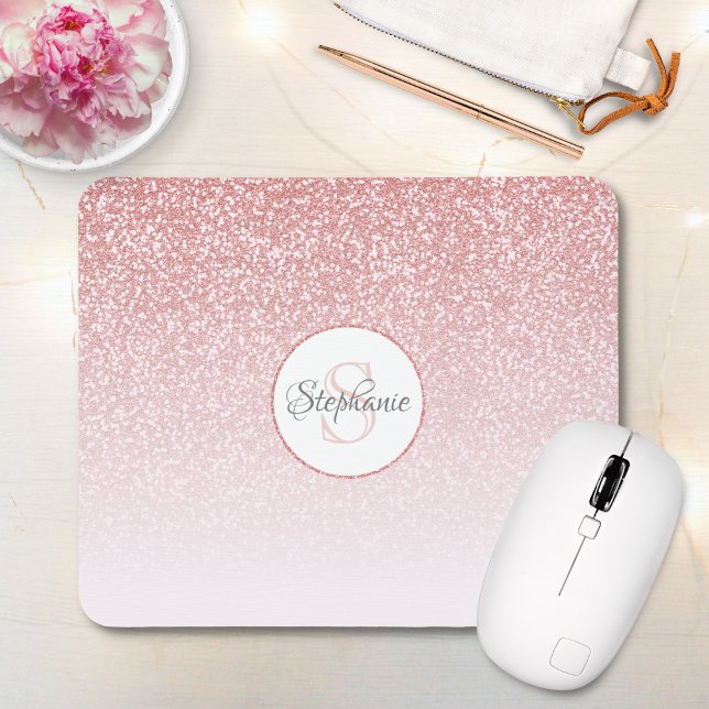 Rose Gold Glitter Blush Pink Ombre Monogram Name Mouse Mat (Creator Uploaded)