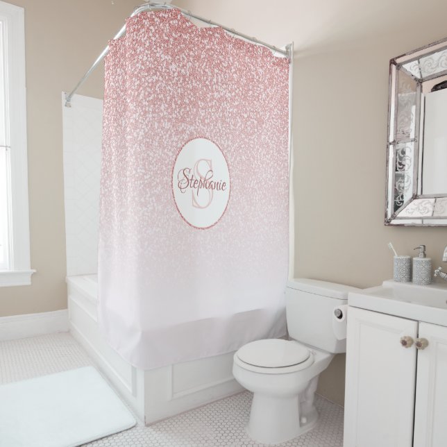 Rose Gold Glitter Blush Pink Ombre Monogram Shower Curtain (In Situ)