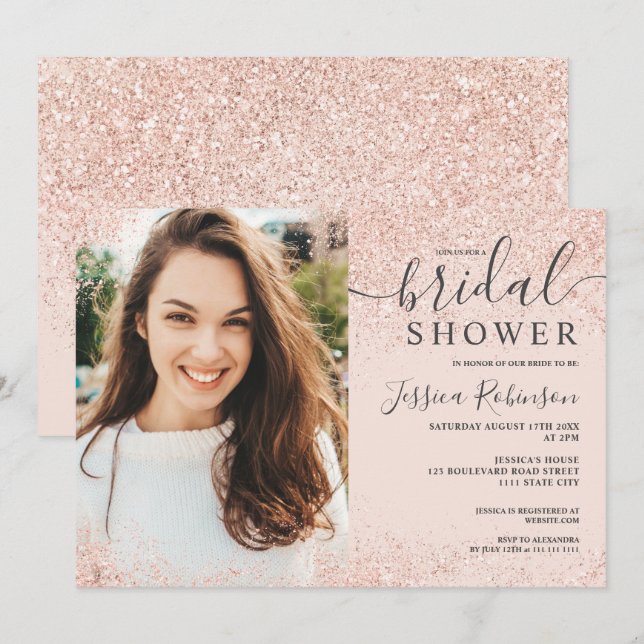rose gold glitter blush pink photo bridal shower invitation (Front/Back)