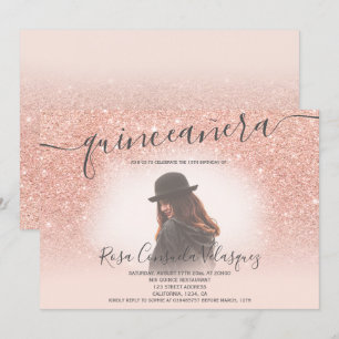 Rose gold glitter blush pink quinceanera photo invitation