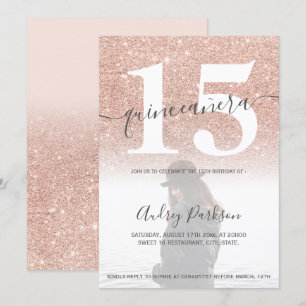 Rose gold glitter blush pink quinceanera photo invitation