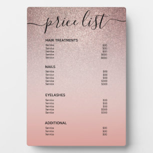 Rose Gold Glitter Blush Pink Salon Price List Menu Plaque