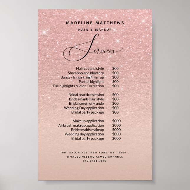 Rose Gold Glitter Blush Pink Salon Price List Poster (Front)