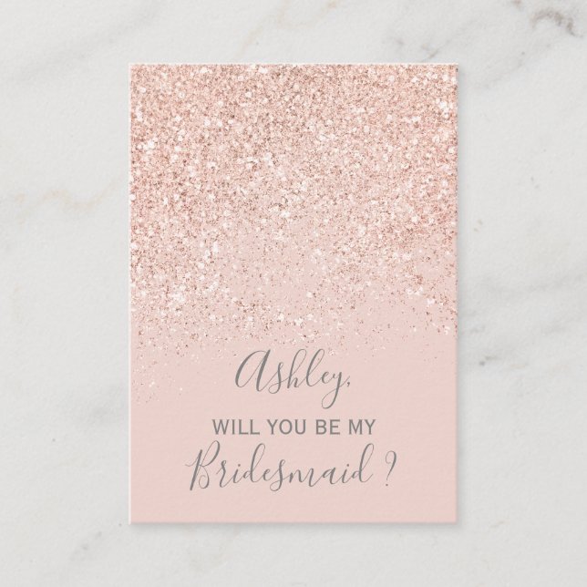 Rose gold glitter blush pink typography bridesmaid enclosure card (Front)
