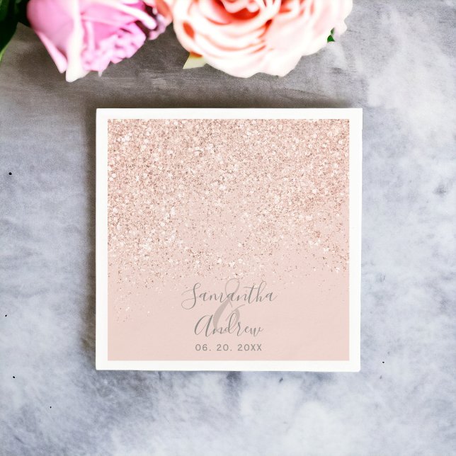 Rose gold glitter blush pink typography wedding napkin (Rose gold glitter blush pink typography wedding napkins)
