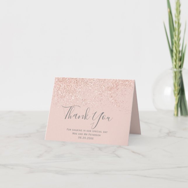 Rose gold glitter blush pink wedding thank you card (Front)