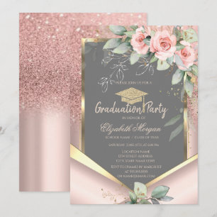 Rose Gold Glitter Blush Roses Graduation Invitation