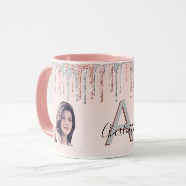 Rose gold glitter blush silver photo name mug (Front Left)
