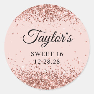 Rose Gold Glitter Blush Sweet 16 Classic Round Sticker