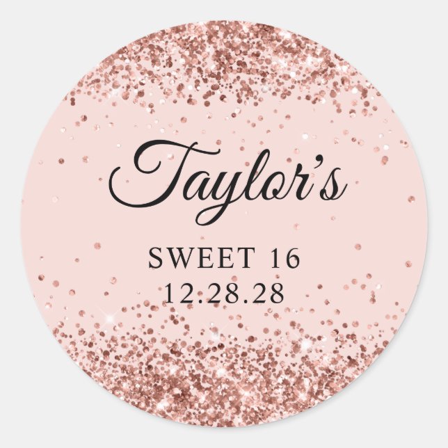 Rose Gold Glitter Blush Sweet 16 Classic Round Sticker (Front)
