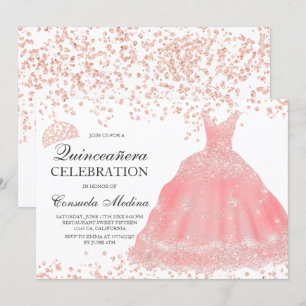 Rose gold glitter blush tiara dress Quinceañera Invitation