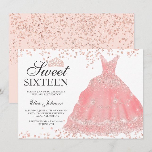 Rose gold glitter blush tiara dress Sweet 16 Invitation (Front/Back)