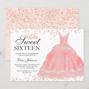 Rose gold glitter blush tiara dress Sweet 16 Invitation