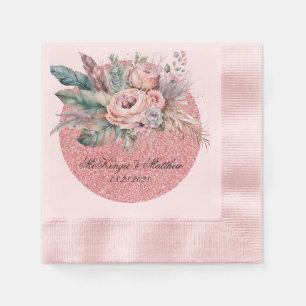 Rose Gold Glitter Boho Florals Feathers Wedding Napkin