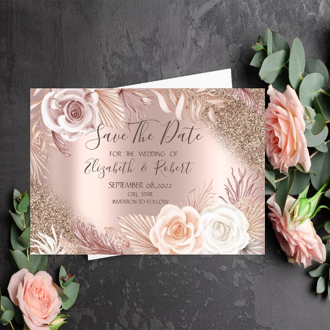 Rose Gold Glitter Boho Flowers Ombre Save The Date (Creator Uploaded)