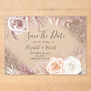 Rose Gold Glitter Boho Flowers Ombre Save The Date Acrylic Invitations