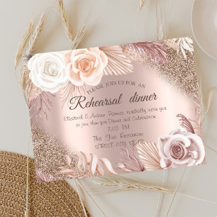 Rose Gold Glitter  Boho Flowers Rehearsal Dinner  Invitation