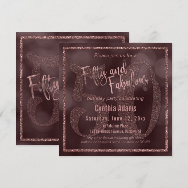 Rose Gold Glitter & Bokeh 50 & Fabulous Typography Invitation (Front/Back)