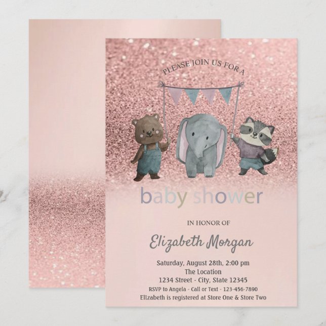 Rose Gold Glitter Bokeh,Animals Baby Shower Invitation (Front/Back)