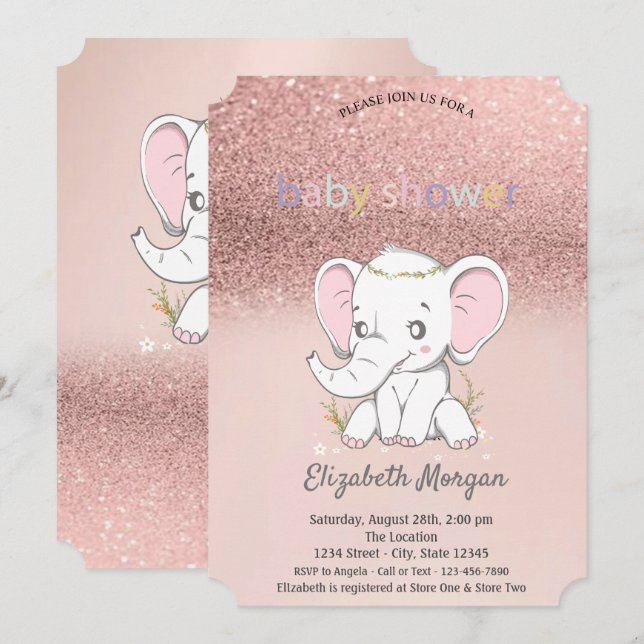 Rose Gold Glitter Bokeh,Baby Elephant Baby Shower Invitation (Front/Back)