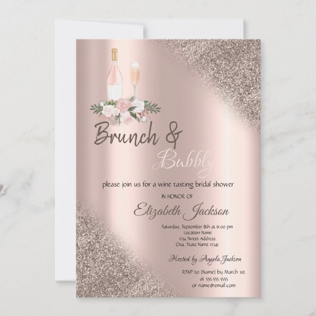 Rose Gold Glitter Bokeh Brunch & Bubbly  Invitation (Front)