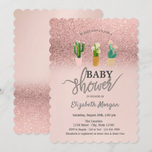 Rose Gold Glitter Bokeh,Cactus Plants Baby Shower Invitation