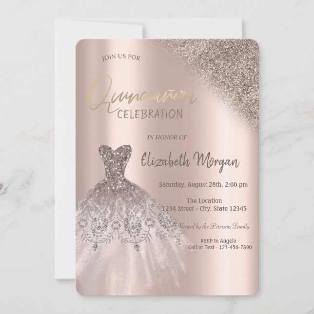 Rose Gold Glitter Bokeh Dress Quinceañera Invitation (Front)
