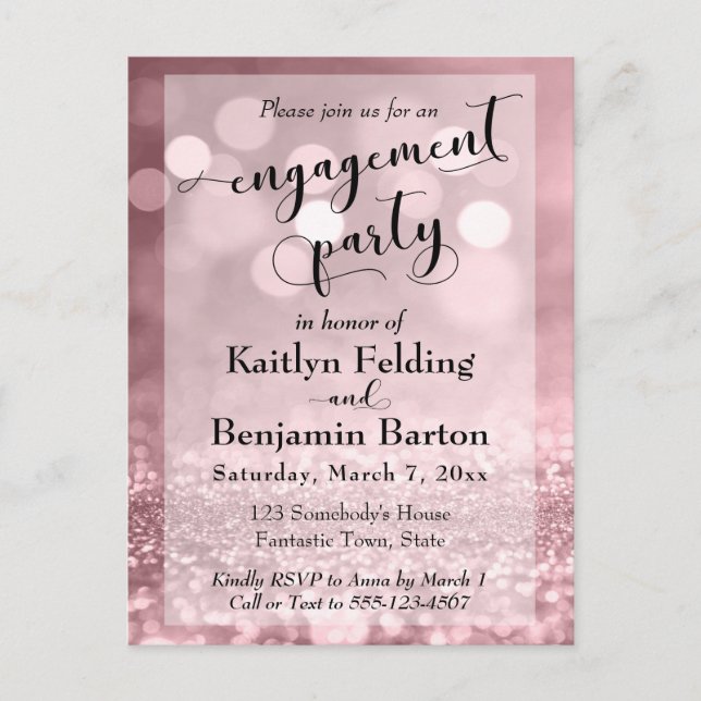 Rose Gold Glitter Bokeh Engagement Party Invitation Postcard (Front)