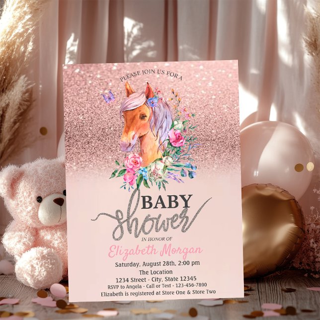 Rose Gold Glitter Bokeh Floral Pony Baby Shower  Invitation (Creator Uploaded)