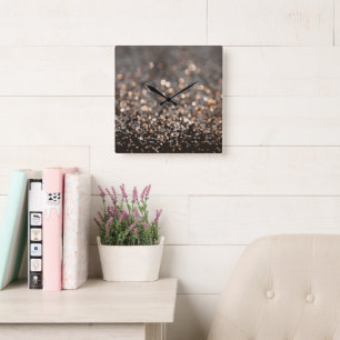 Rose Gold Glitter Bokeh Glam 1 Square Wall Clock