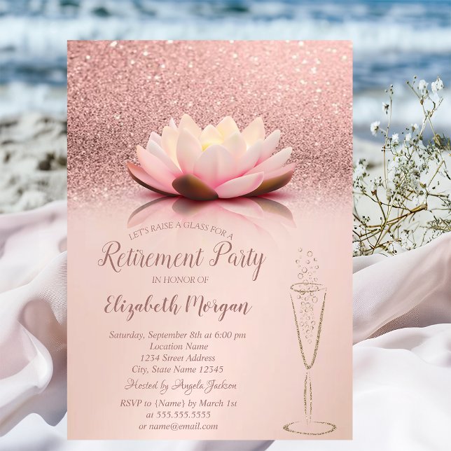 Rose Gold Glitter Bokeh Lotus Glass Retirement Invitation (Creator Uploaded)