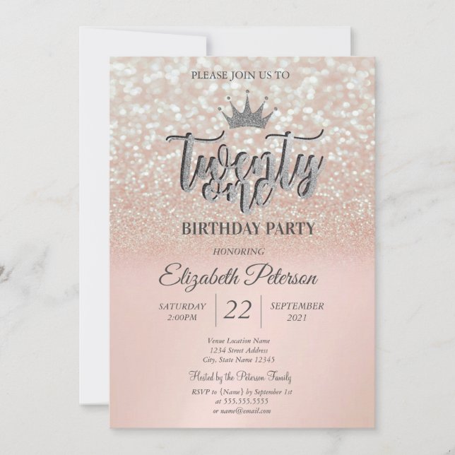 Rose Gold Glitter Bokeh Ombre,Tiara 21th Birthday  Invitation (Front)