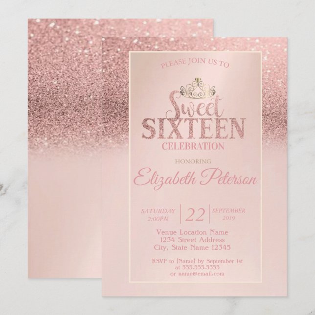 Rose Gold Glitter Bokeh Ombre,Tiara Sweet 16 Party Invitation (Front/Back)