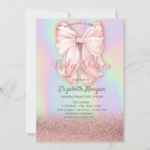 Rose Gold Glitter Bokeh, Pink Bow Holographic Invitation