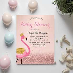 Rose Gold Glitter Bokeh,Pink Flamingo Baby Shower Invitation