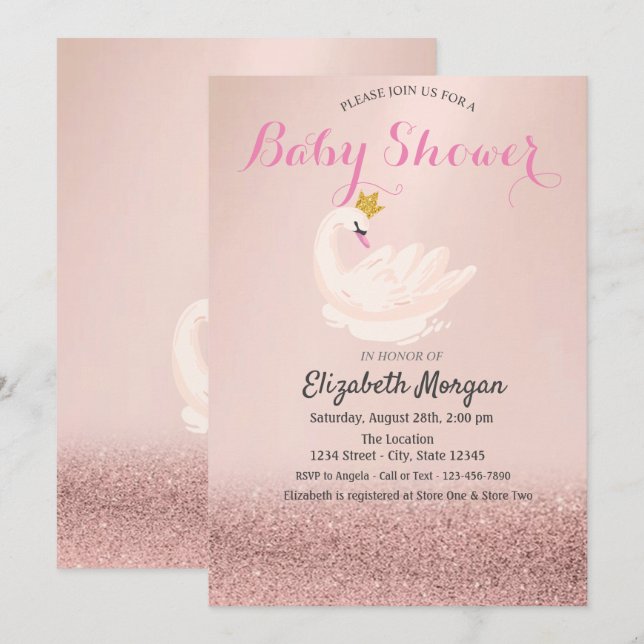 Rose Gold Glitter Bokeh,Swan Crown Baby Shower  Invitation (Front/Back)