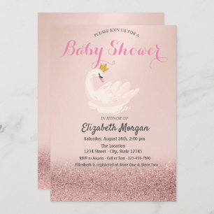 Rose Gold Glitter Bokeh,Swan Crown Baby Shower  Invitation