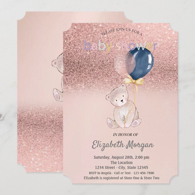 Rose Gold Glitter Bokeh,Teddy Bear Baby Shower  Invitation (Front/Back)